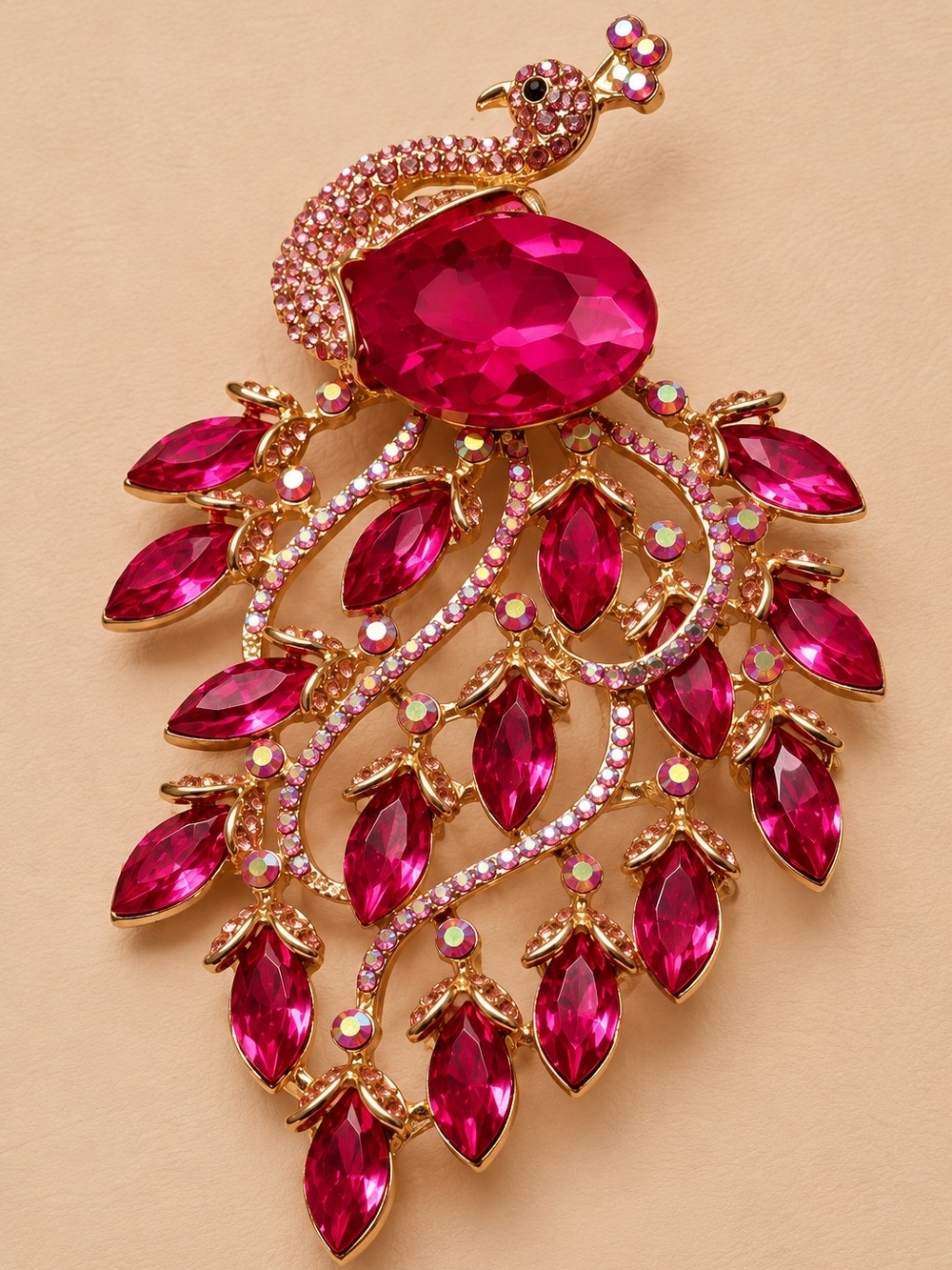 Gold-Tone Pink Stone Peacock Brooch